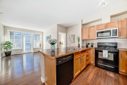 203-48 Panatella Road Nw, Calgary, AB - Indoor Photo Showing Kitchen With Double Sink