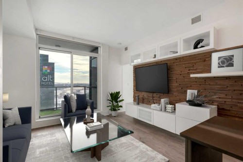 1003-550 Riverfront Avenue Se, Calgary, AB - Indoor Photo Showing Living Room