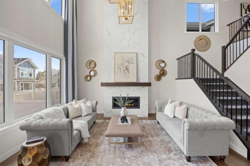 225 West Grove Way Sw, Calgary, AB - Indoor Photo Showing Living Room With Fireplace