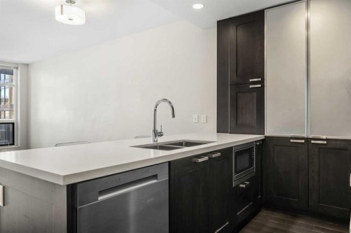 314-222 Riverfront Avenue Sw, Calgary, AB - Indoor Photo Showing Kitchen With Double Sink