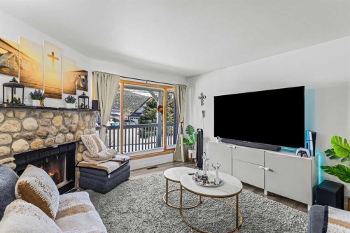 118 Glacier Drive, Banff, AB - Indoor Photo Showing Living Room With Fireplace