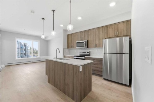 313-700 Shawnee Square Sw, Calgary, AB - Indoor Photo Showing Kitchen With Stainless Steel Kitchen With Upgraded Kitchen