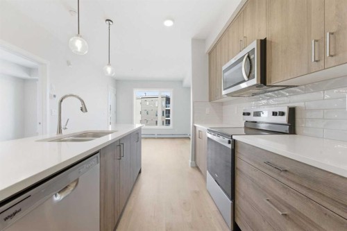313-700 Shawnee Square Sw, Calgary, AB - Indoor Photo Showing Kitchen With Stainless Steel Kitchen With Double Sink With Upgraded Kitchen