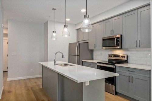 101-200 Shawnee Square Sw, Calgary, AB - Indoor Photo Showing Kitchen With Stainless Steel Kitchen With Double Sink With Upgraded Kitchen