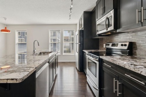 10 Auburn Bay Common Se, Calgary, AB - Indoor Photo Showing Kitchen With Stainless Steel Kitchen With Double Sink With Upgraded Kitchen