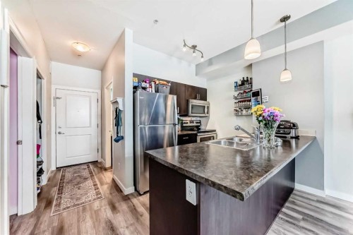 101-117 Copperpond Common Se, Calgary, AB - Indoor Photo Showing Kitchen With Stainless Steel Kitchen With Double Sink