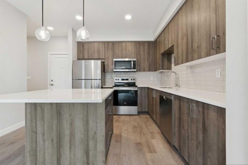 103-655 Shawnee Square Sw, Calgary, AB - Indoor Photo Showing Kitchen With Stainless Steel Kitchen With Upgraded Kitchen