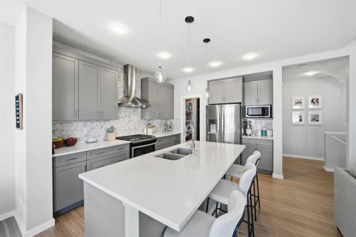 320 Sundown View, Cochrane, AB - Indoor Photo Showing Kitchen With Double Sink With Upgraded Kitchen