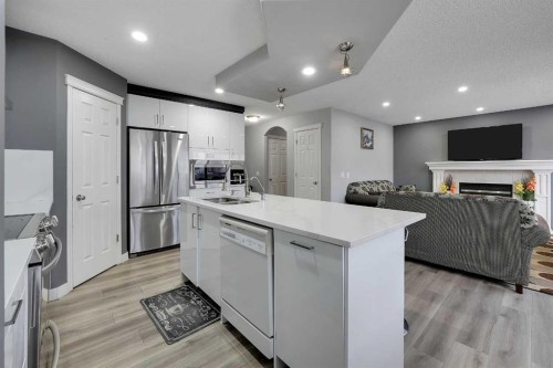 14 Marthas Close Ne, Calgary, AB - Indoor Photo Showing Kitchen With Fireplace With Double Sink
