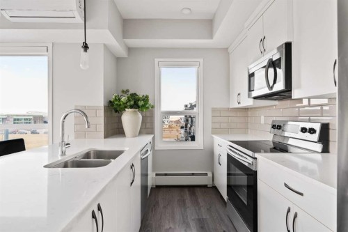 409-4350 Seton Drive Se, Calgary, AB - Indoor Photo Showing Kitchen With Double Sink