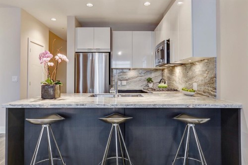 119 Confluence Mews Se, Calgary, AB - Indoor Photo Showing Kitchen With Stainless Steel Kitchen With Upgraded Kitchen