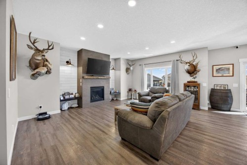 10 Bishop Circle, Carstairs, AB - Indoor Photo Showing Living Room With Fireplace