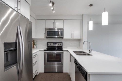 7309-302 Skyview Ranch Drive Ne, Calgary, AB - Indoor Photo Showing Kitchen With Stainless Steel Kitchen With Double Sink With Upgraded Kitchen