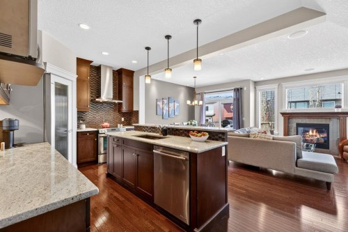 202 Evansridge Circle Nw, Calgary, AB - Indoor Photo Showing Kitchen With Fireplace With Stainless Steel Kitchen With Upgraded Kitchen