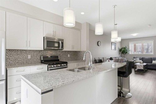 150 Copperpond Villas Se, Calgary, AB - Indoor Photo Showing Kitchen With Stainless Steel Kitchen With Double Sink With Upgraded Kitchen