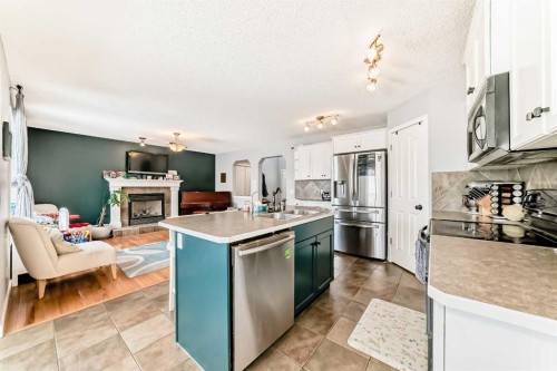 368 Cranfield Gardens Se, Calgary, AB - Indoor Photo Showing Kitchen With Fireplace With Double Sink With Upgraded Kitchen