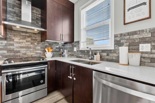 203-445 Redstone Ne, Calgary, AB - Indoor Photo Showing Kitchen With Double Sink With Upgraded Kitchen