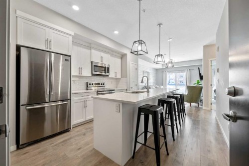 117-4150 Seton Drive Se, Calgary, AB - Indoor Photo Showing Kitchen With Stainless Steel Kitchen With Upgraded Kitchen