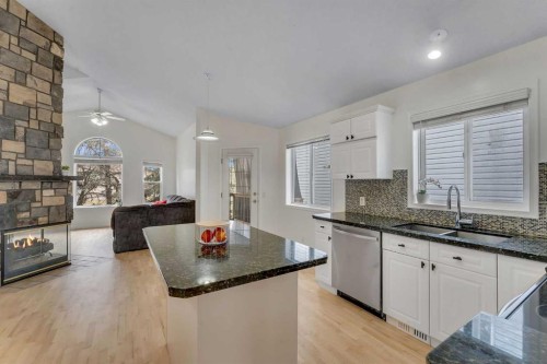 44 Douglas Glen Crescent Se, Calgary, AB - Indoor Photo Showing Kitchen With Fireplace With Double Sink