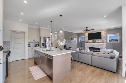49 Marquis Grove Se, Calgary, AB - Indoor Photo Showing Kitchen With Fireplace With Stainless Steel Kitchen With Upgraded Kitchen