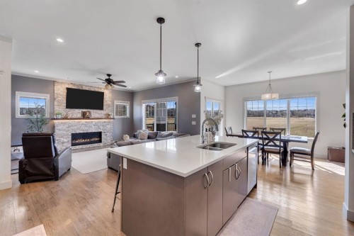 49 Marquis Grove Se, Calgary, AB - Indoor Photo Showing Kitchen With Fireplace With Double Sink