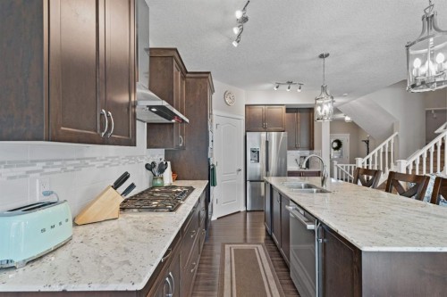 49 Kingsbridge Place Se, Airdrie, AB - Indoor Photo Showing Kitchen With Double Sink With Upgraded Kitchen