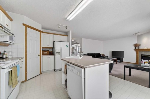 718 Coral Springs Boulevard Ne, Calgary, AB - Indoor Photo Showing Kitchen With Fireplace
