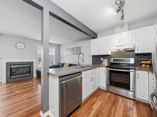 101 Everstone Place Sw, Calgary, AB - Indoor Photo Showing Kitchen With Fireplace With Stainless Steel Kitchen