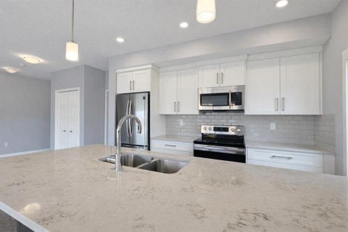109-4150 Seton Drive Se, Calgary, AB - Indoor Photo Showing Kitchen With Stainless Steel Kitchen With Double Sink With Upgraded Kitchen