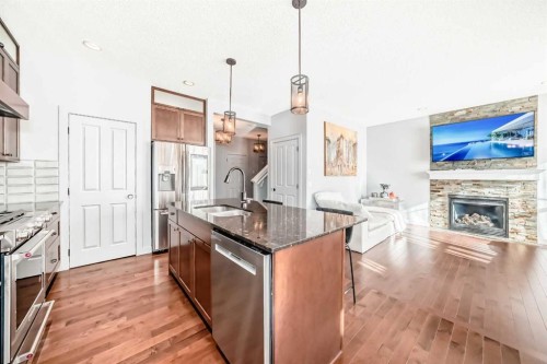 153 Chaparral Valley Mews, Calgary, AB - Indoor Photo Showing Kitchen With Fireplace With Upgraded Kitchen
