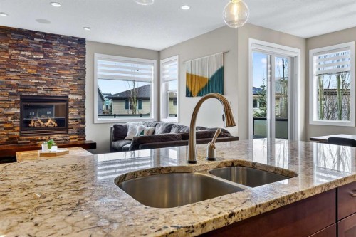 28 Walden View Se, Calgary, AB - Indoor Photo Showing Kitchen With Fireplace With Double Sink