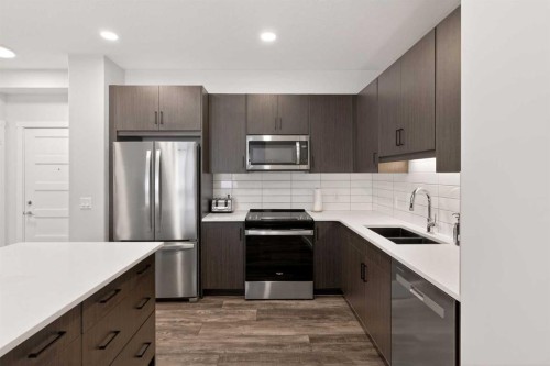 301-55 Wolf Hollow Crescent Se, Calgary, AB - Indoor Photo Showing Kitchen With Stainless Steel Kitchen With Double Sink With Upgraded Kitchen