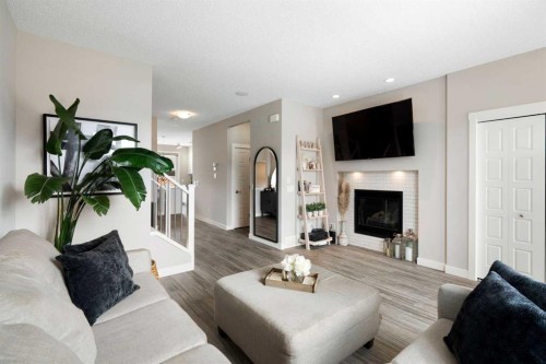 170 Seton Grove Se, Calgary, AB - Indoor Photo Showing Living Room With Fireplace