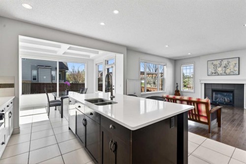 421 Auburn Bay Boulevard Se, Calgary, AB - Indoor Photo Showing Kitchen With Fireplace With Double Sink
