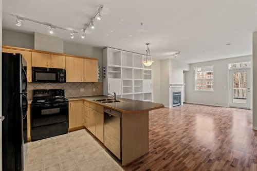 206-3651 Marda Link Sw, Calgary, AB - Indoor Photo Showing Kitchen With Fireplace With Double Sink