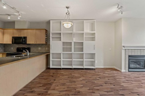 206-3651 Marda Link Sw, Calgary, AB - Indoor Photo Showing Kitchen With Fireplace With Double Sink