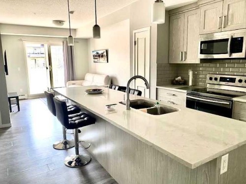 217-4350 Seton Drive Se, Calgary, AB - Indoor Photo Showing Kitchen With Stainless Steel Kitchen With Double Sink With Upgraded Kitchen