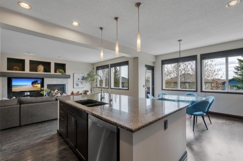 55 Evanspark Circle Nw, Calgary, AB - Indoor Photo Showing Kitchen With Fireplace With Double Sink