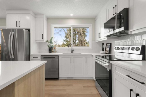 347 Queensland Drive Se, Calgary, AB - Indoor Photo Showing Kitchen With Stainless Steel Kitchen With Upgraded Kitchen