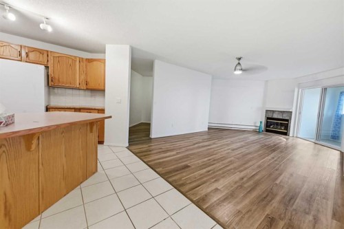 439-165 Manora Place Ne, Calgary, AB - Indoor Photo Showing Kitchen With Fireplace