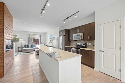 134 Walden Circle Se, Calgary, AB - Indoor Photo Showing Kitchen With Fireplace With Upgraded Kitchen