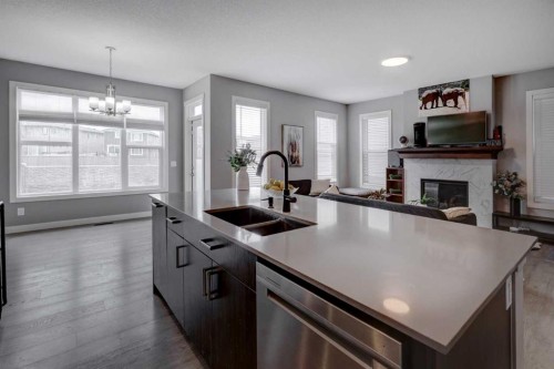 154 Amblehurst Way Nw, Calgary, AB - Indoor Photo Showing Kitchen With Fireplace With Double Sink With Upgraded Kitchen