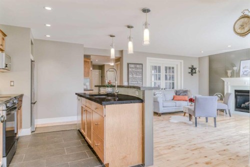 100 Royal Birch Crescent Nw, Calgary, AB - Indoor Photo Showing Kitchen With Fireplace With Upgraded Kitchen