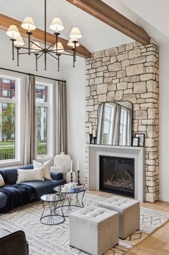 22 Mahogany Cove Se, Calgary, AB - Indoor Photo Showing Living Room With Fireplace