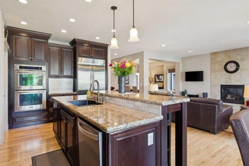 24 Auburn Sound Crescent Se, Calgary, AB - Indoor Photo Showing Kitchen With Fireplace With Upgraded Kitchen