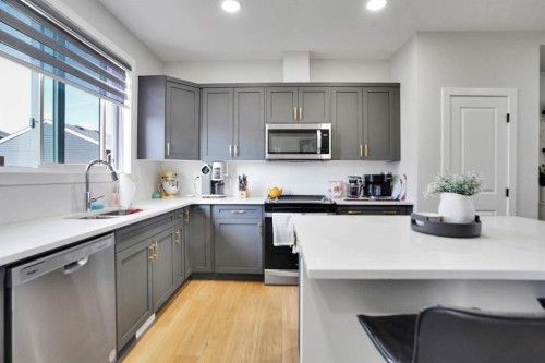 112 Langwell Common Se, Airdrie, AB - Indoor Photo Showing Kitchen With Double Sink With Upgraded Kitchen