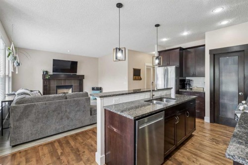45 Mahogany Terrace Se, Calgary, AB - Indoor Photo Showing Kitchen With Fireplace With Double Sink