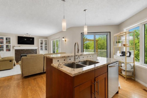 136 Douglas Glen Heath Se, Calgary, AB - Indoor Photo Showing Kitchen With Fireplace With Double Sink With Upgraded Kitchen
