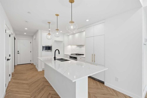 307-8445 Broadcast Avenue Sw, Calgary, AB - Indoor Photo Showing Kitchen With Double Sink With Upgraded Kitchen