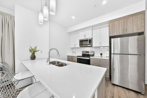 316-205 Spring Creek Common Sw, Calgary, AB - Indoor Photo Showing Kitchen With Stainless Steel Kitchen With Double Sink With Upgraded Kitchen